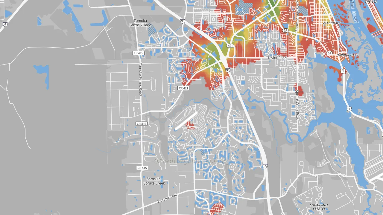 Walk Grade map of 32128, FL, walkable areas in green and car-dependent areas in red