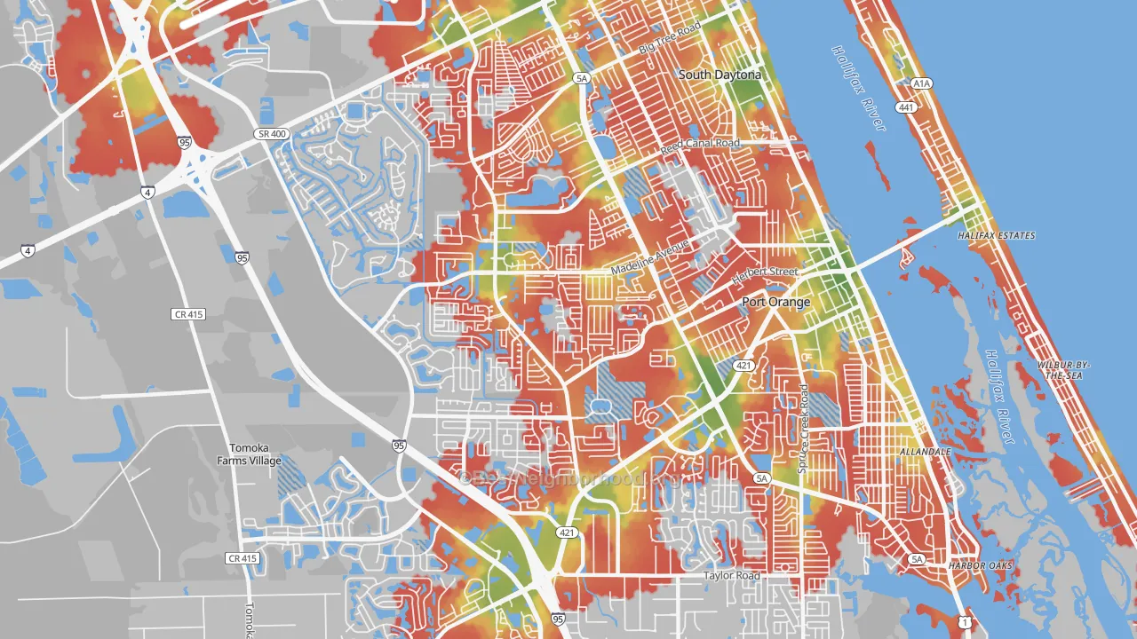 Walk Grade map of 32129, FL, walkable areas in green and car-dependent areas in red