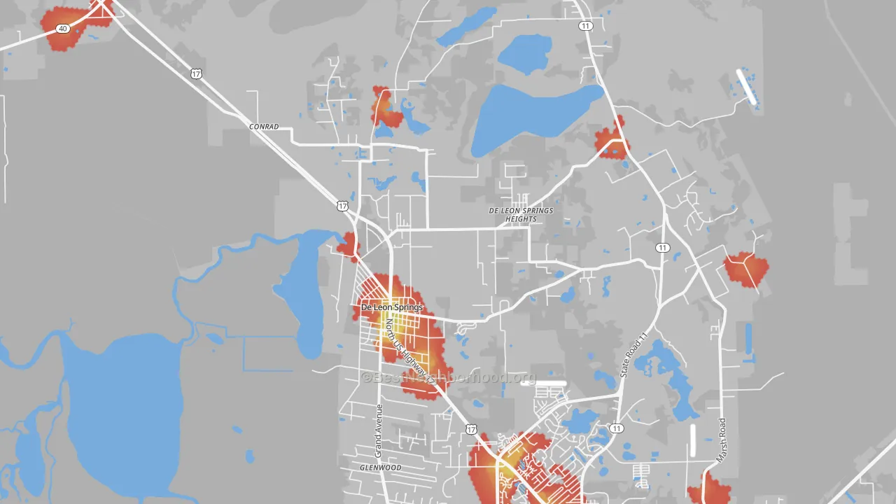 Walk Grade map of 32130, FL, walkable areas in green and car-dependent areas in red