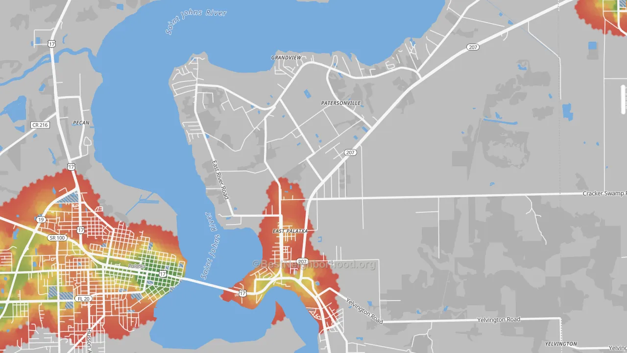 Walk Grade map of 32131, FL, walkable areas in green and car-dependent areas in red