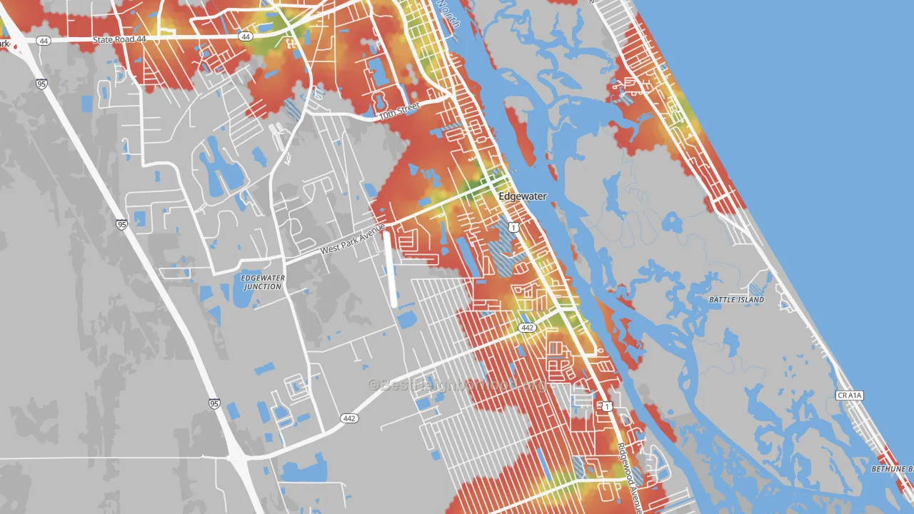 Walk Grade map of 32132, FL, walkable areas in green and car-dependent areas in red