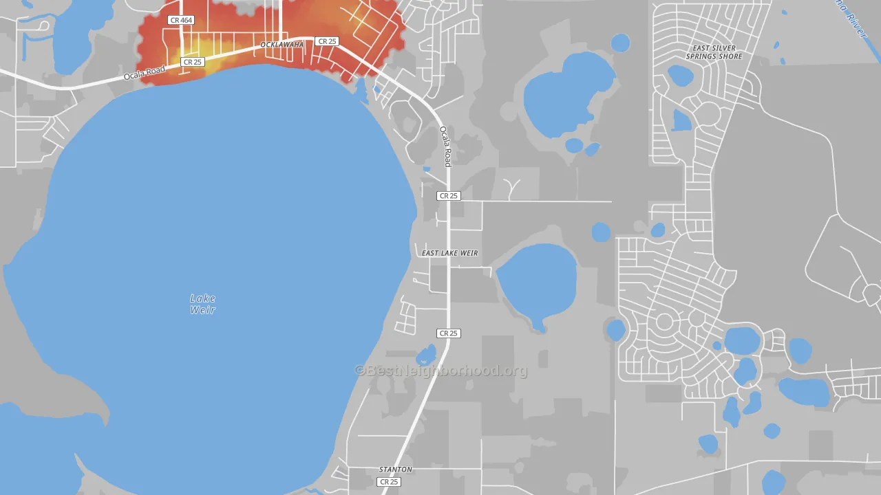 Walk Grade map of 32133, FL, walkable areas in green and car-dependent areas in red