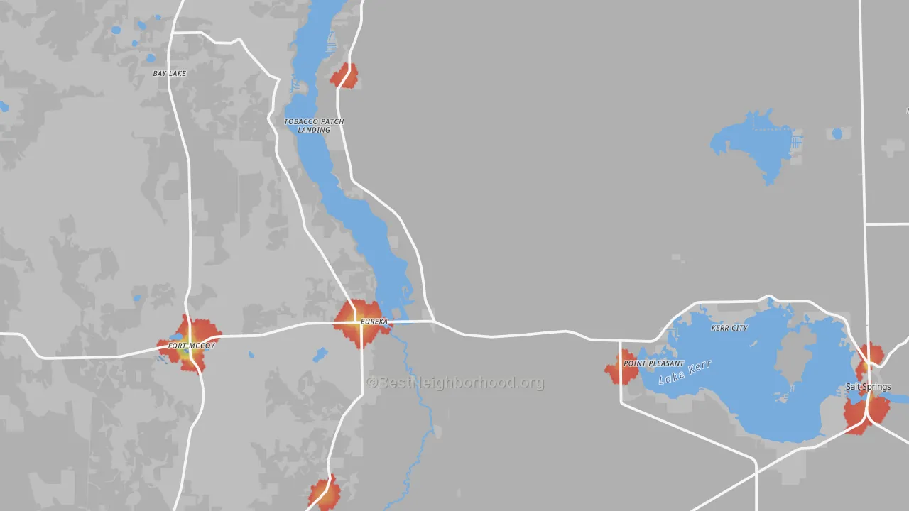 Walk Grade map of 32134, FL, walkable areas in green and car-dependent areas in red