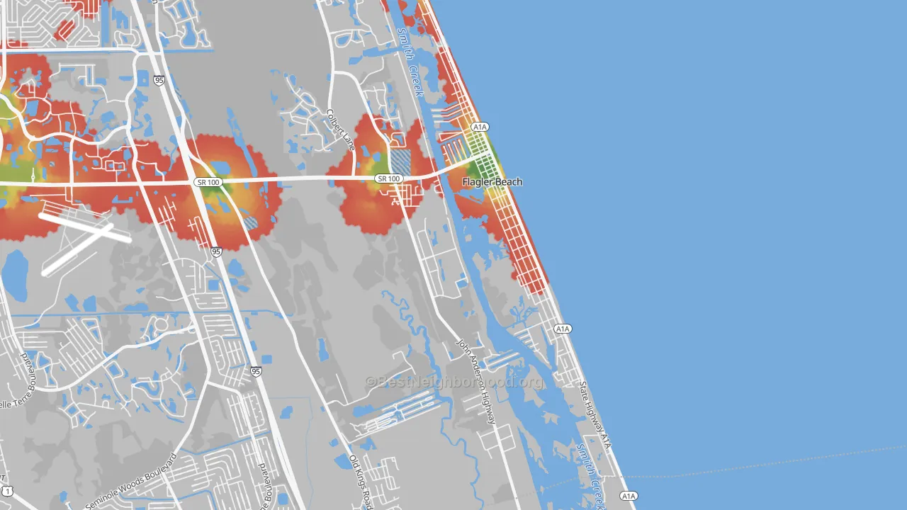 Walk Grade map of 32136, FL, walkable areas in green and car-dependent areas in red