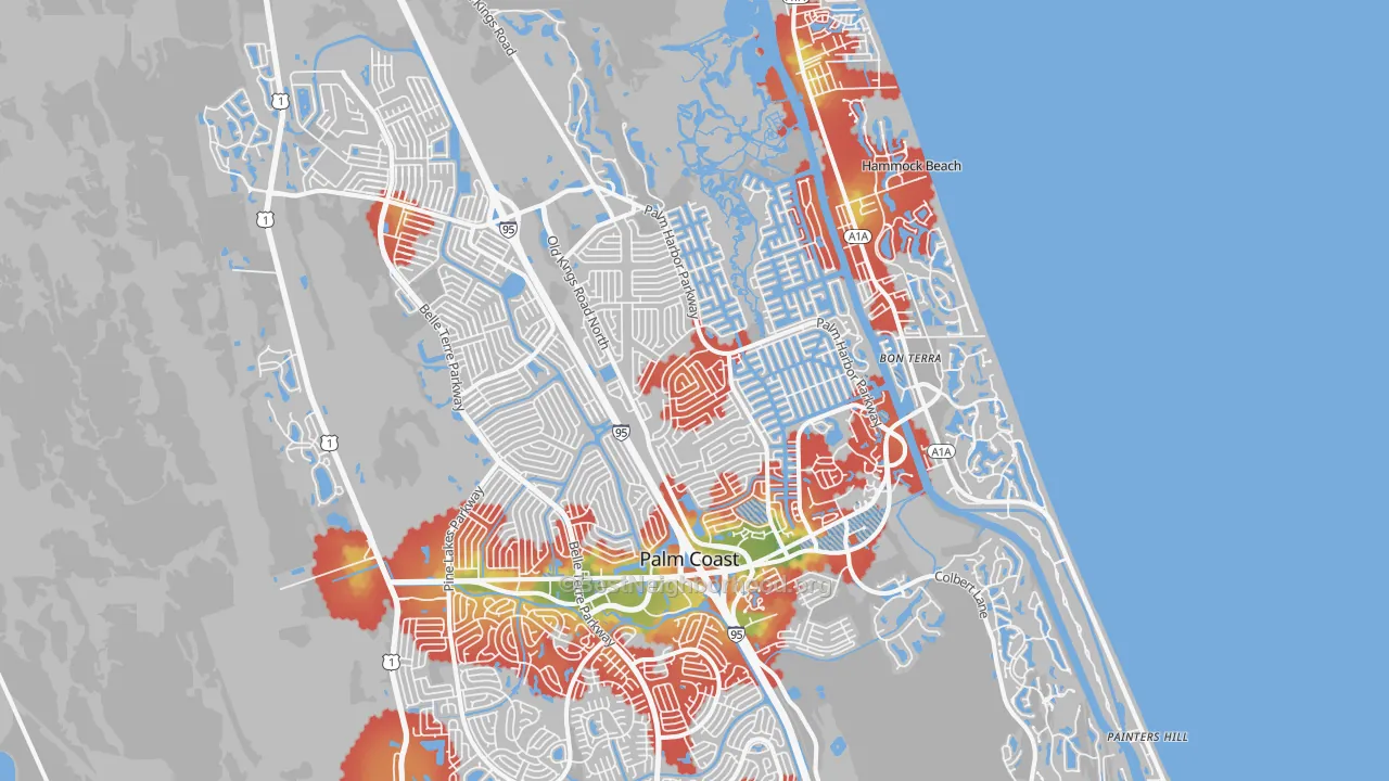 Walk Grade map of 32137, FL, walkable areas in green and car-dependent areas in red