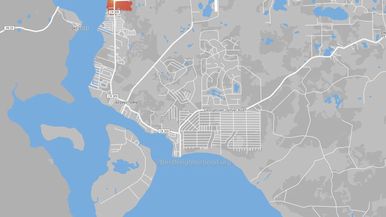 Walk Grade map of 32139, FL, walkable areas in green and car-dependent areas in red