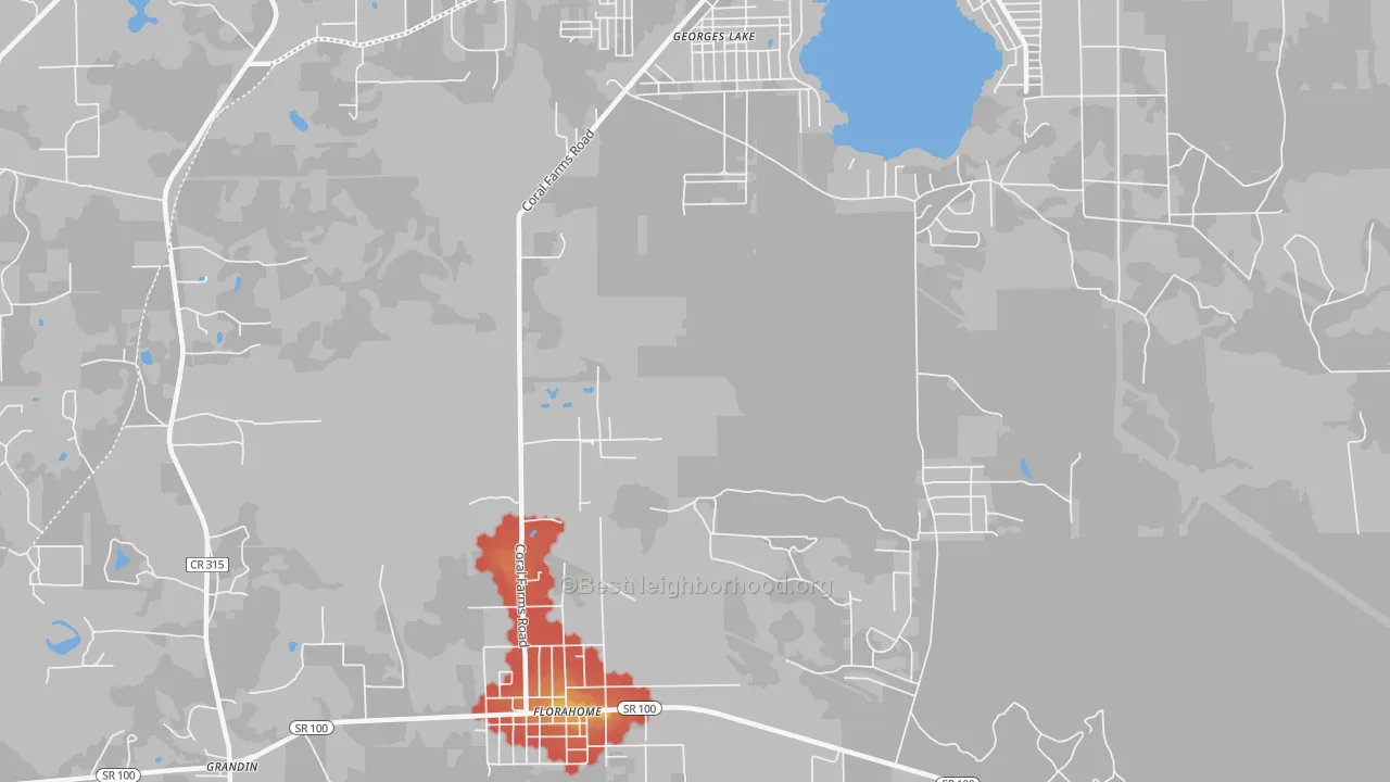 Walk Grade map of 32140, FL, walkable areas in green and car-dependent areas in red