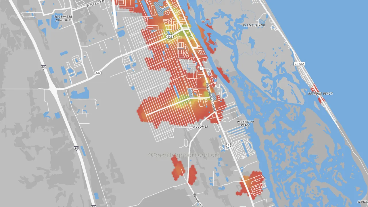 Walk Grade map of 32141, FL, walkable areas in green and car-dependent areas in red