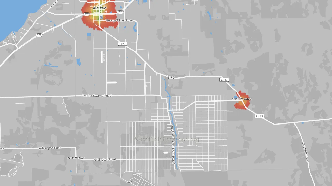 Walk Grade map of 32145, FL, walkable areas in green and car-dependent areas in red