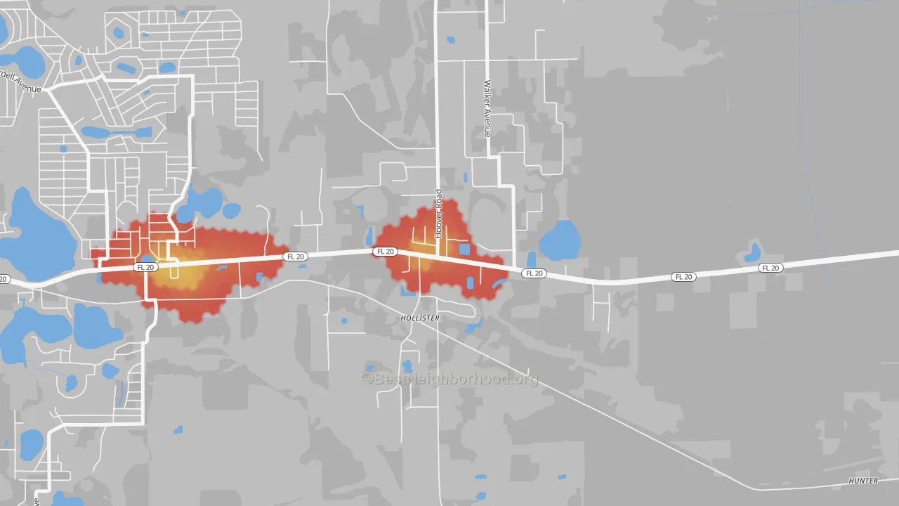 Walk Grade map of 32147, FL, walkable areas in green and car-dependent areas in red