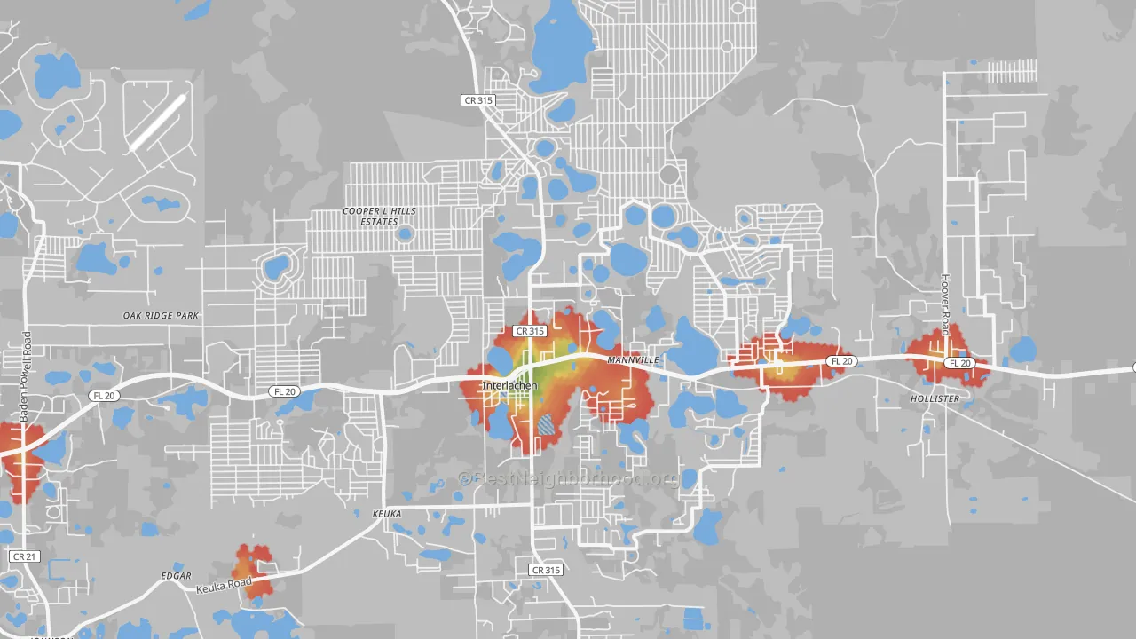 Walk Grade map of 32148, FL, walkable areas in green and car-dependent areas in red