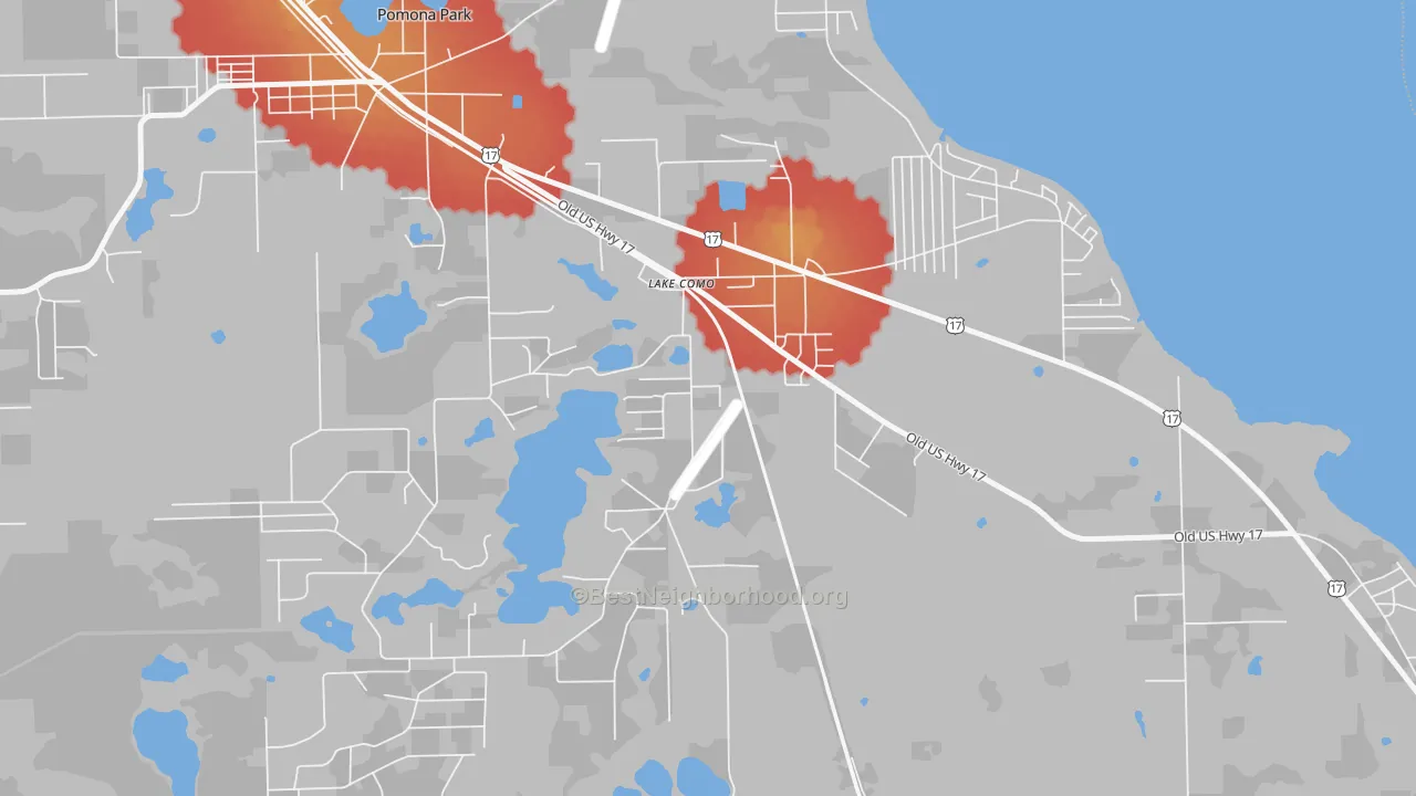 Walk Grade map of 32157, FL, walkable areas in green and car-dependent areas in red