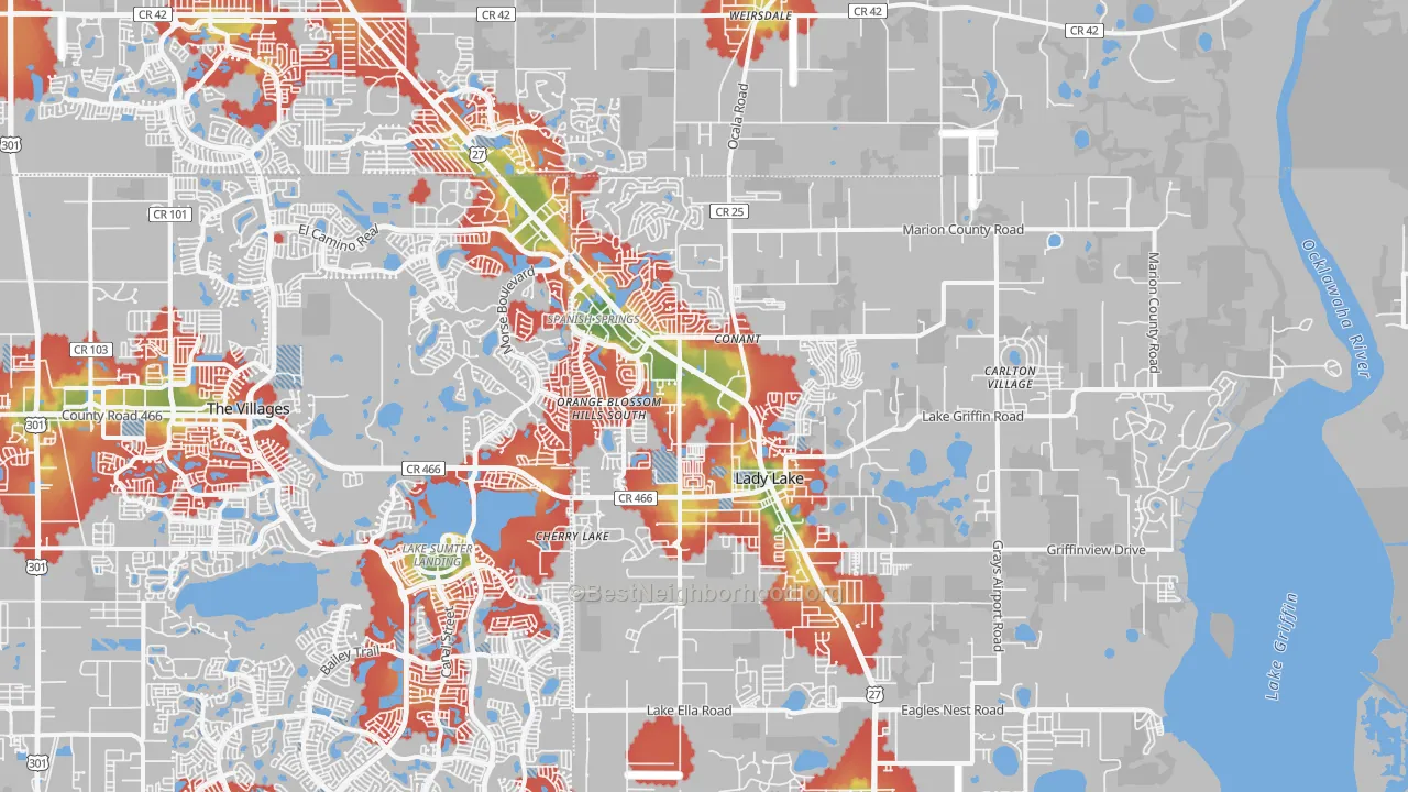 Walk Grade map of 32159, FL, walkable areas in green and car-dependent areas in red