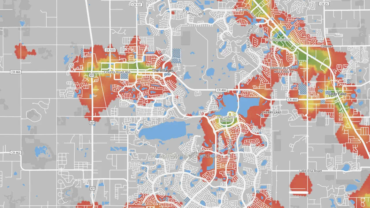 Walk Grade map of 32162, FL, walkable areas in green and car-dependent areas in red