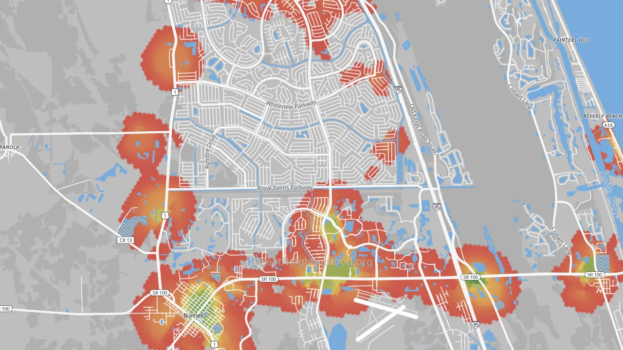 Walk Grade map of 32164, FL, walkable areas in green and car-dependent areas in red