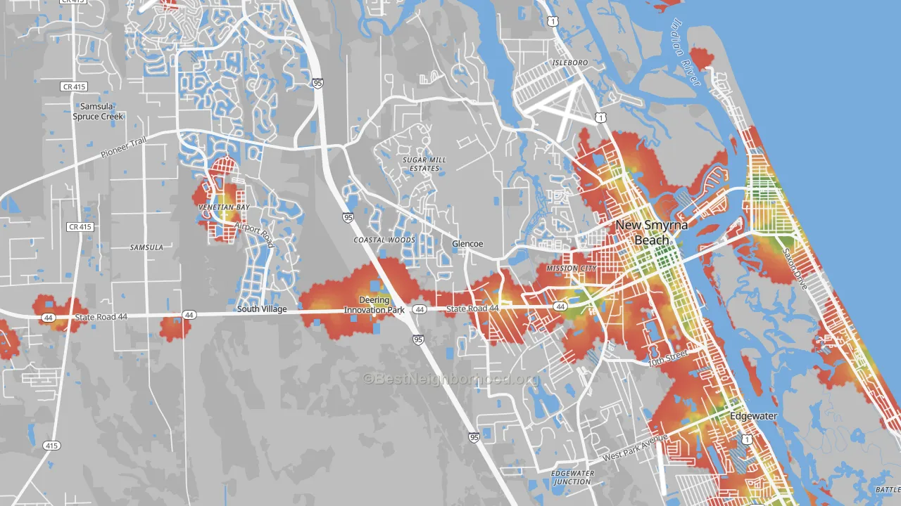 Walk Grade map of 32168, FL, walkable areas in green and car-dependent areas in red