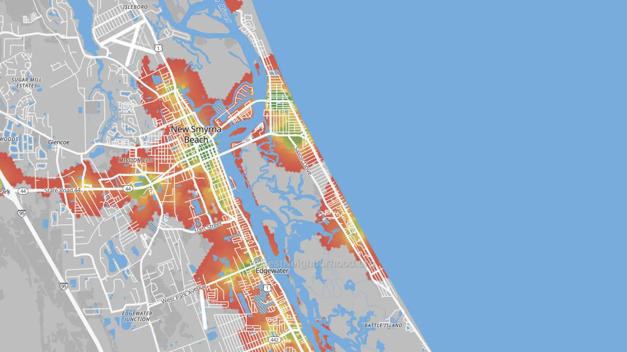 Walk Grade map of 32169, FL, walkable areas in green and car-dependent areas in red