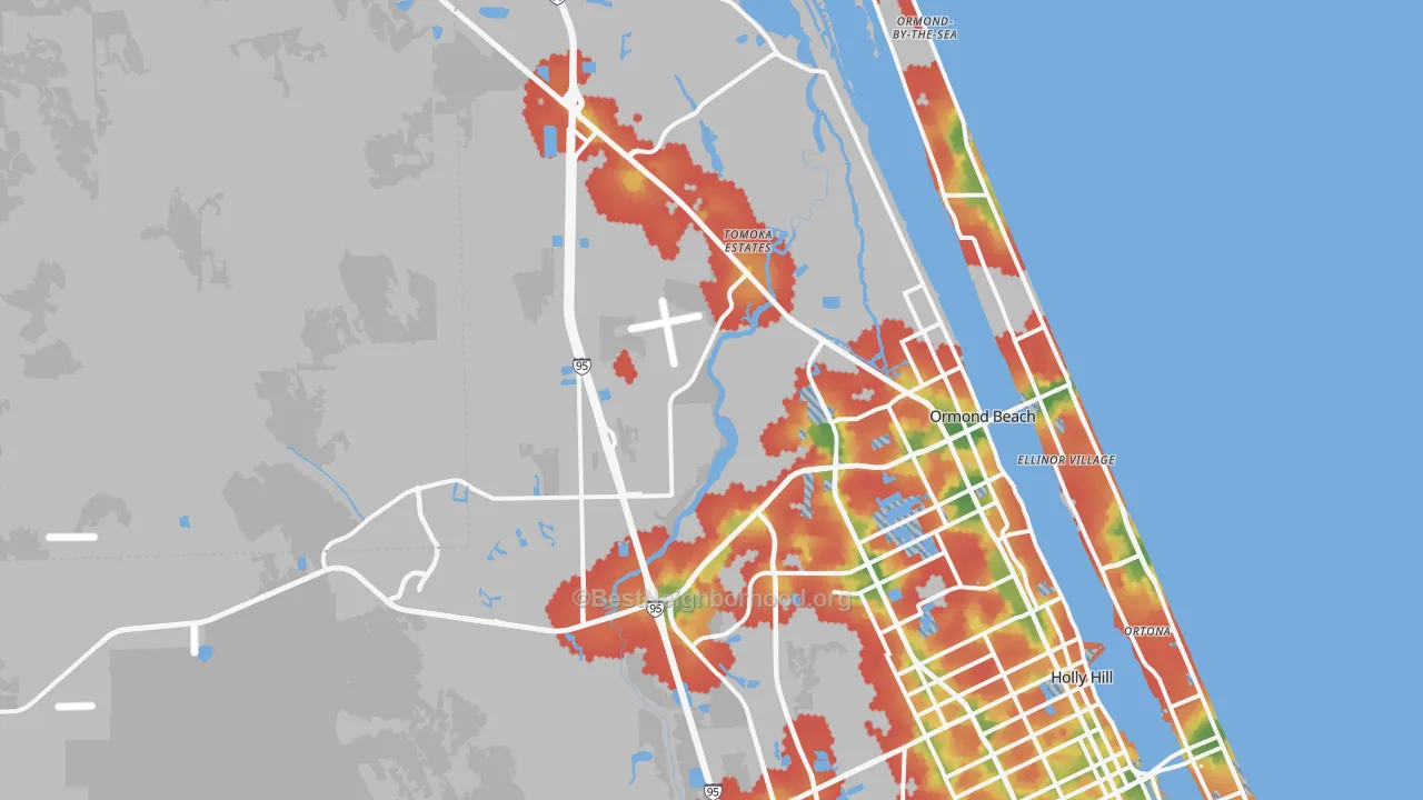 Walk Grade map of 32174, FL, walkable areas in green and car-dependent areas in red