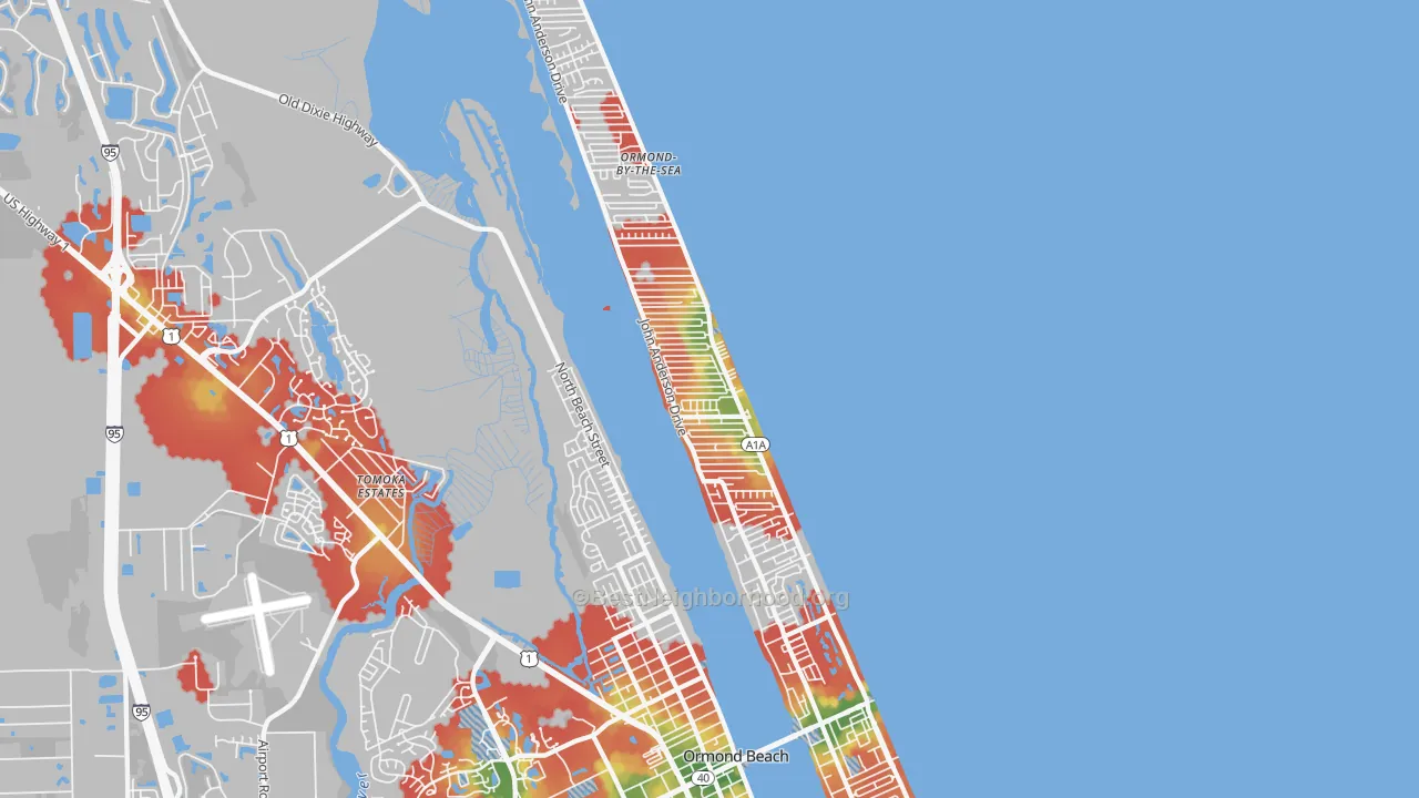 Walk Grade map of 32176, FL, walkable areas in green and car-dependent areas in red
