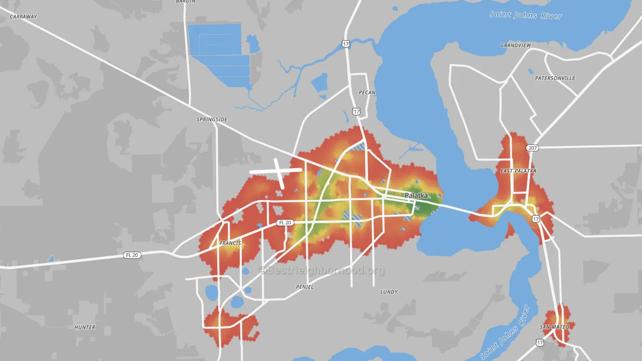 Walk Grade map of 32177, FL, walkable areas in green and car-dependent areas in red