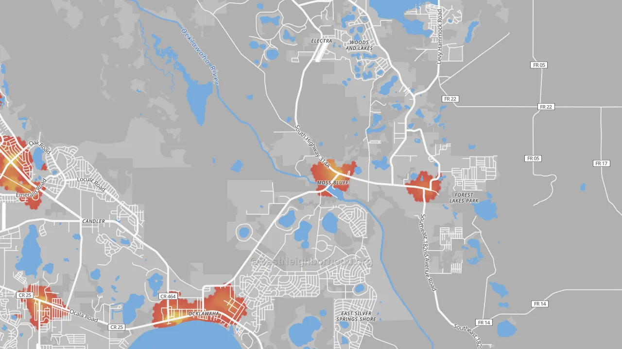 Walk Grade map of 32179, FL, walkable areas in green and car-dependent areas in red