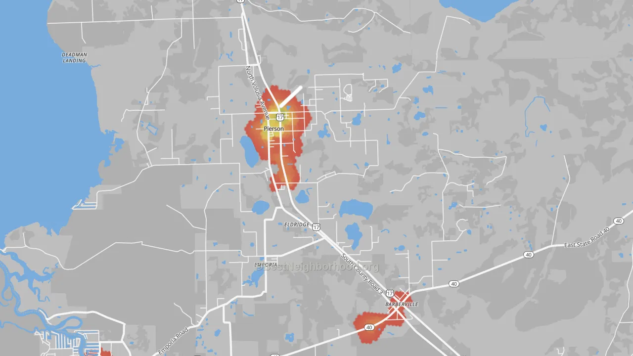 Walk Grade map of 32180, FL, walkable areas in green and car-dependent areas in red