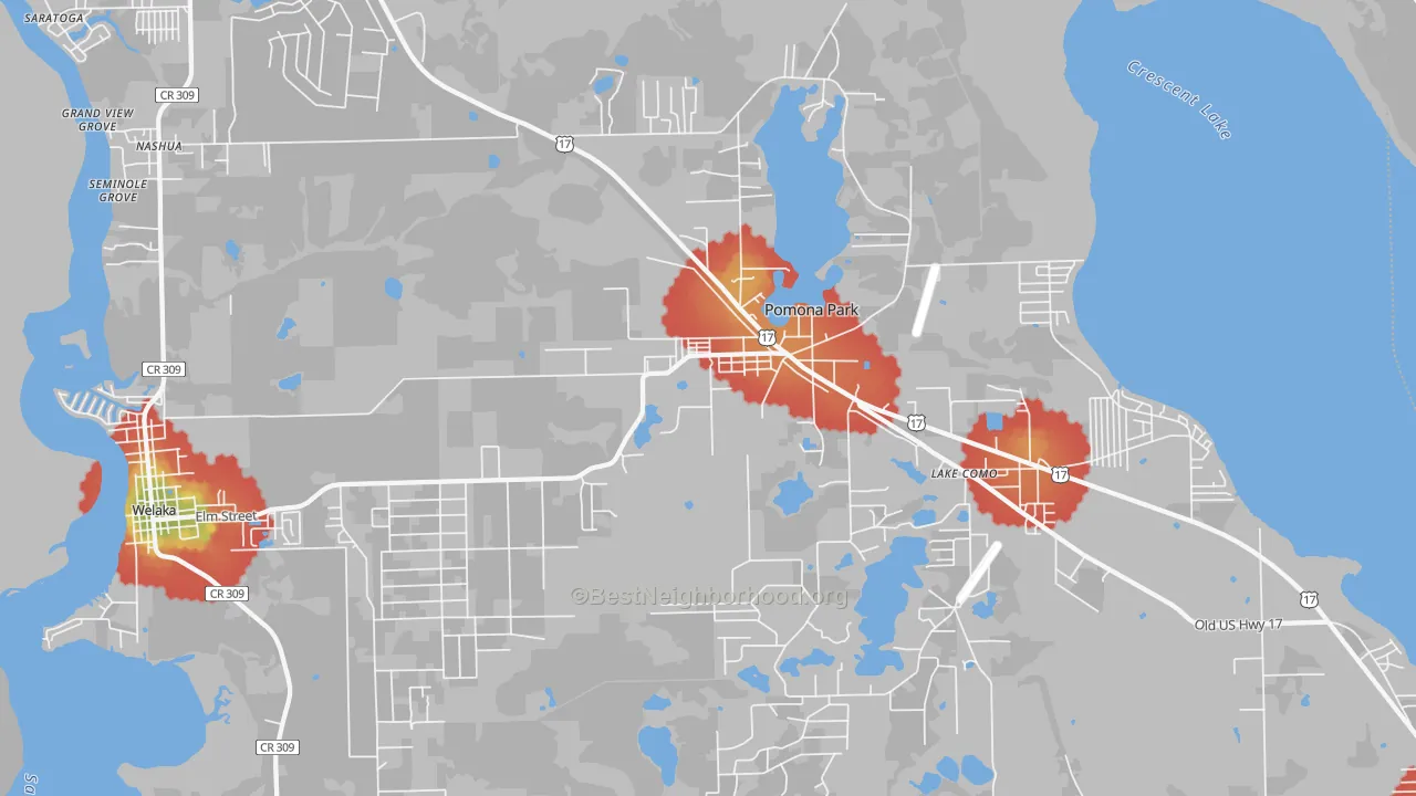 Walk Grade map of 32181, FL, walkable areas in green and car-dependent areas in red