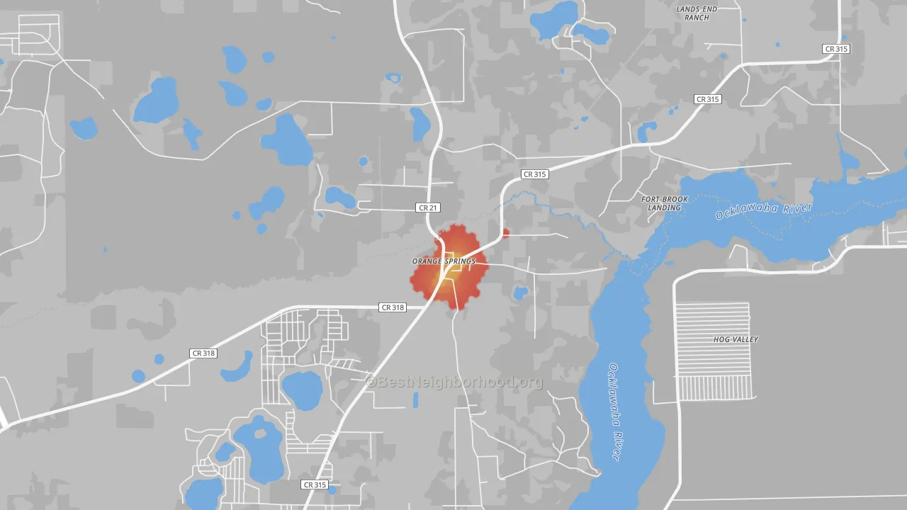 Walk Grade map of 32182, FL, walkable areas in green and car-dependent areas in red