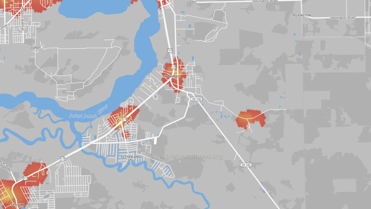 Walk Grade map of 32187, FL, walkable areas in green and car-dependent areas in red