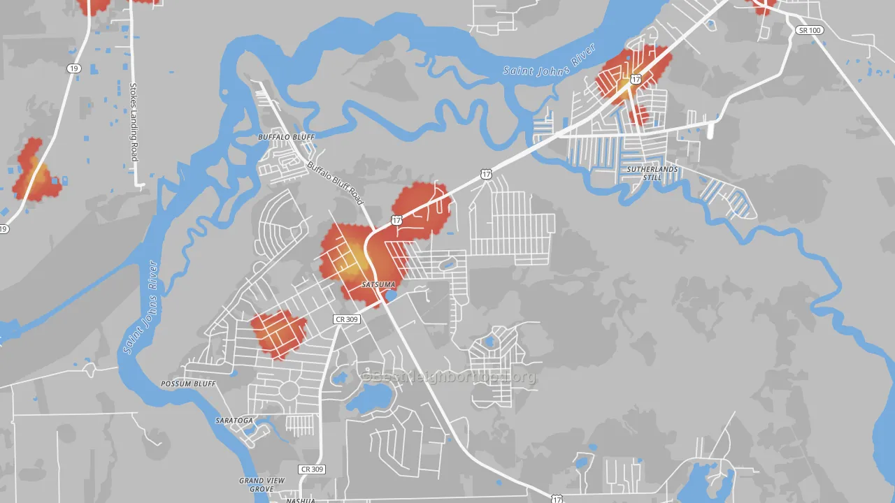 Walk Grade map of 32189, FL, walkable areas in green and car-dependent areas in red