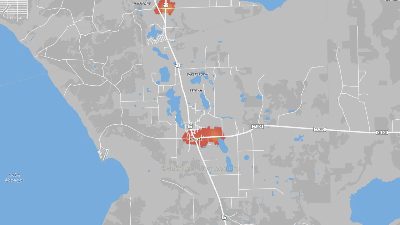 Walk Grade map of 32190, FL, walkable areas in green and car-dependent areas in red