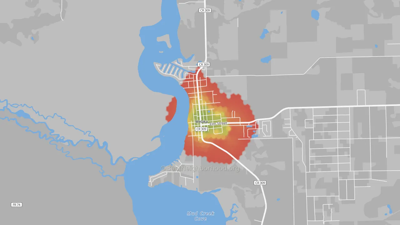 Walk Grade map of 32193, FL, walkable areas in green and car-dependent areas in red
