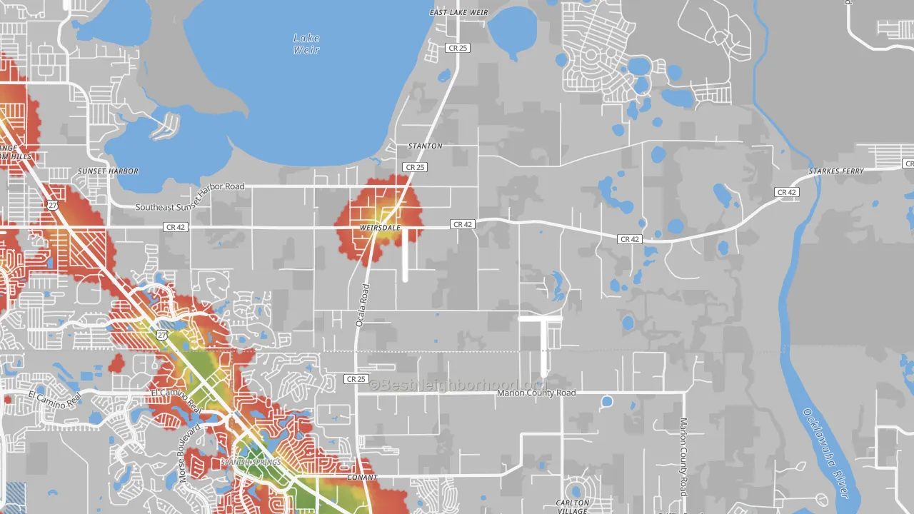 Walk Grade map of 32195, FL, walkable areas in green and car-dependent areas in red