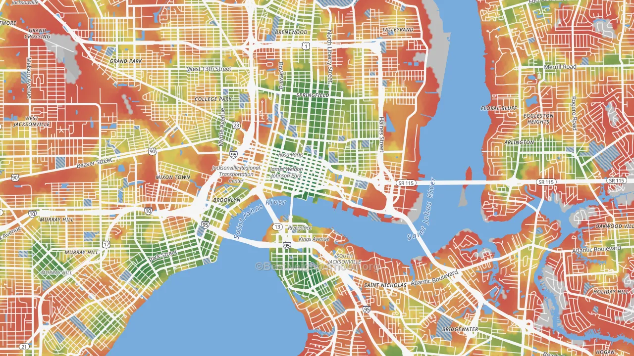 Walk Grade map of 32202, FL, walkable areas in green and car-dependent areas in red