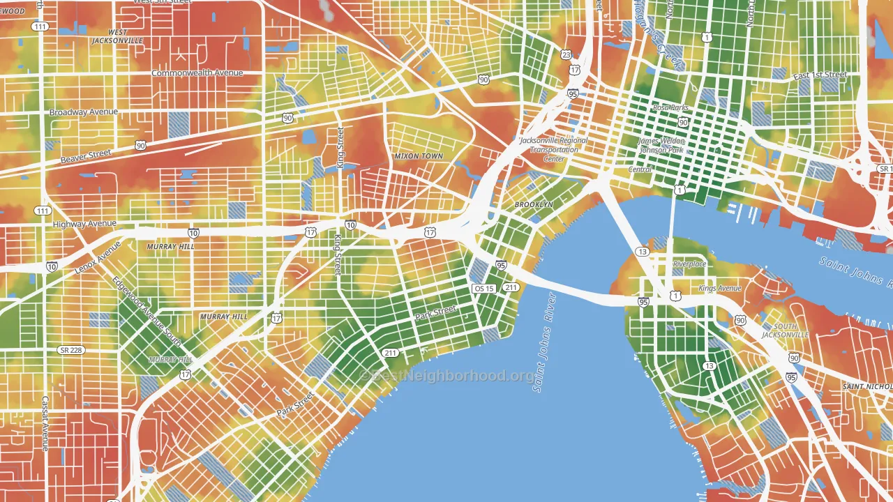 Walk Grade map of 32204, FL, walkable areas in green and car-dependent areas in red