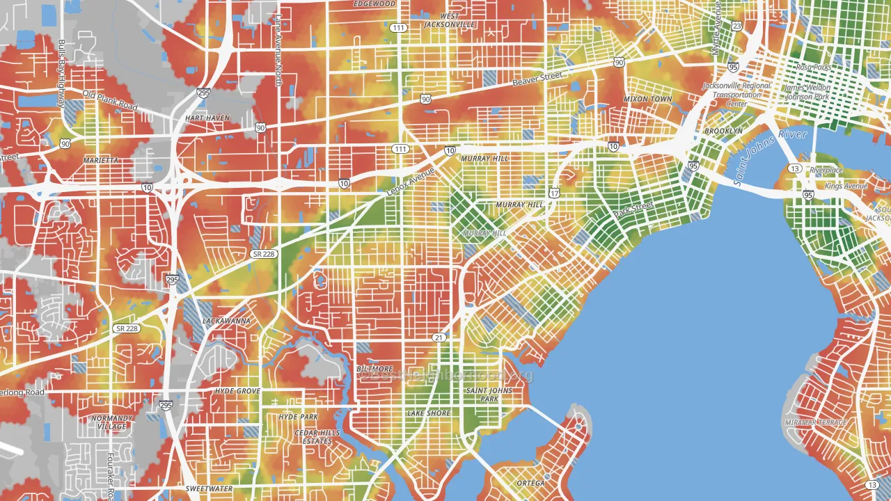 Walk Grade map of 32205, FL, walkable areas in green and car-dependent areas in red