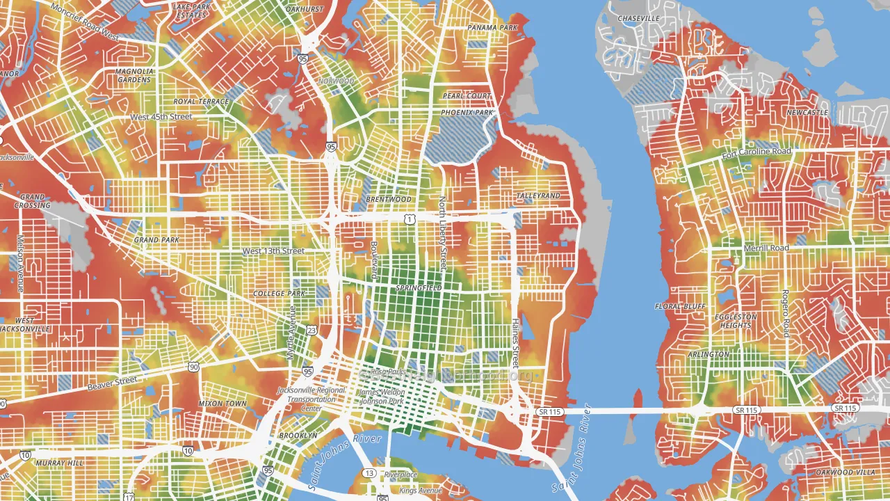 Walk Grade map of 32206, FL, walkable areas in green and car-dependent areas in red