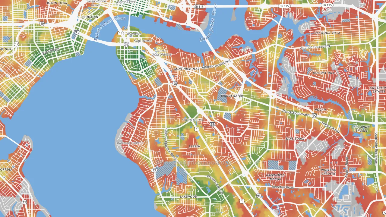 Walk Grade map of 32207, FL, walkable areas in green and car-dependent areas in red