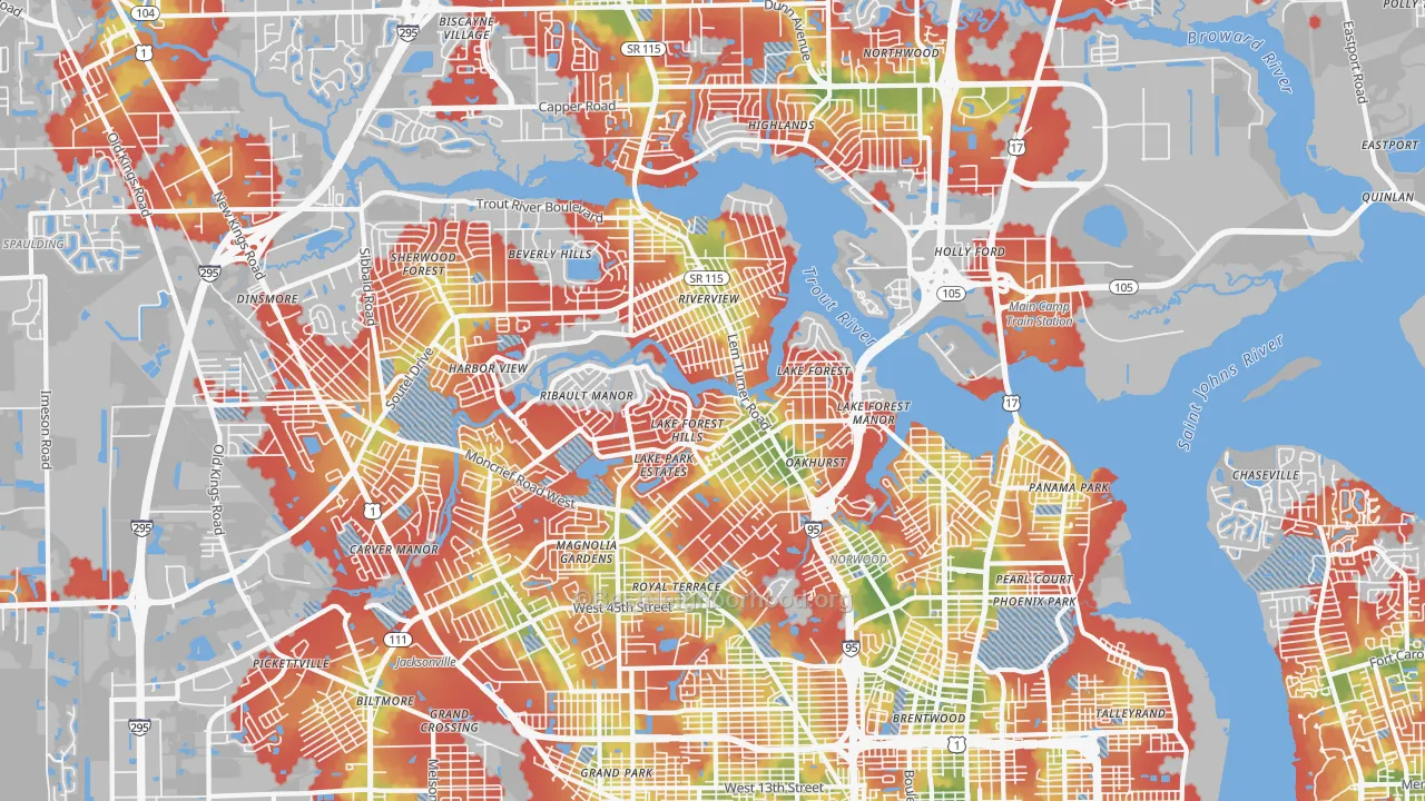 Walk Grade map of 32208, FL, walkable areas in green and car-dependent areas in red