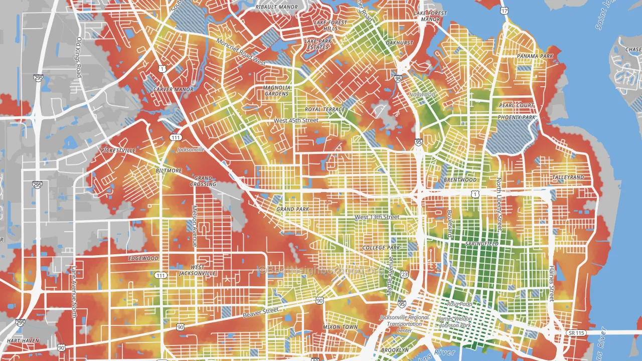 Walk Grade map of 32209, FL, walkable areas in green and car-dependent areas in red