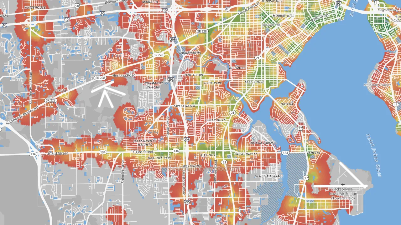 Walk Grade map of 32210, FL, walkable areas in green and car-dependent areas in red