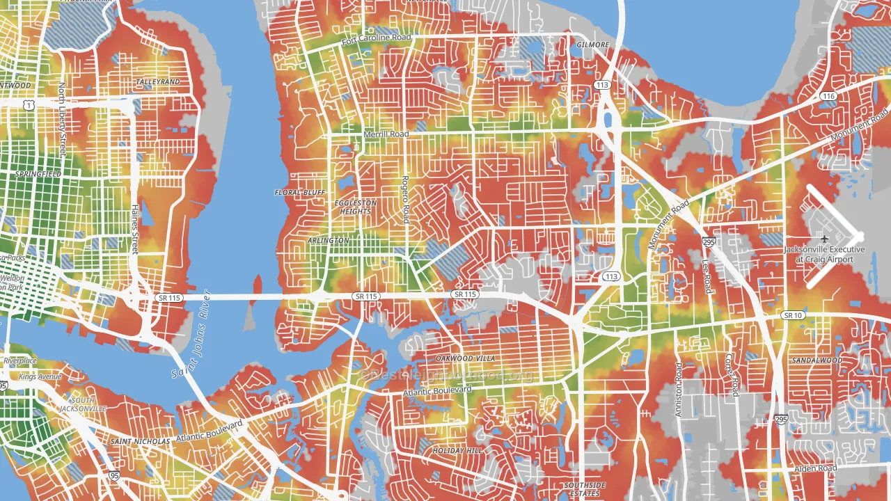 Walk Grade map of 32211, FL, walkable areas in green and car-dependent areas in red