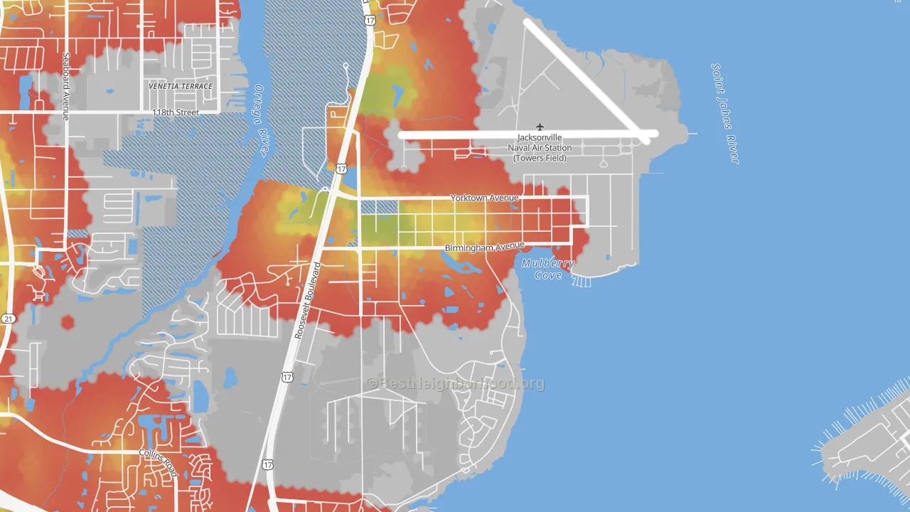 Walk Grade map of 32212, FL, walkable areas in green and car-dependent areas in red