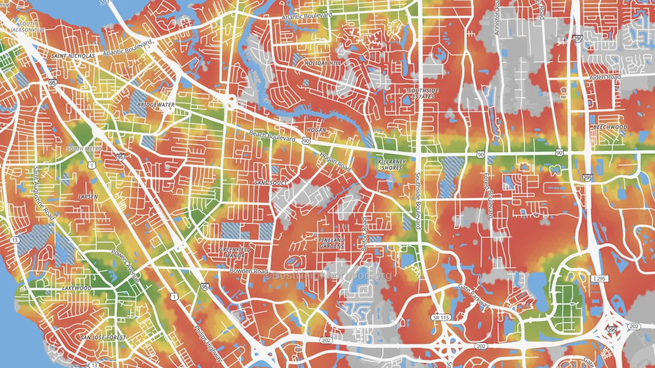 Walk Grade map of 32216, FL, walkable areas in green and car-dependent areas in red