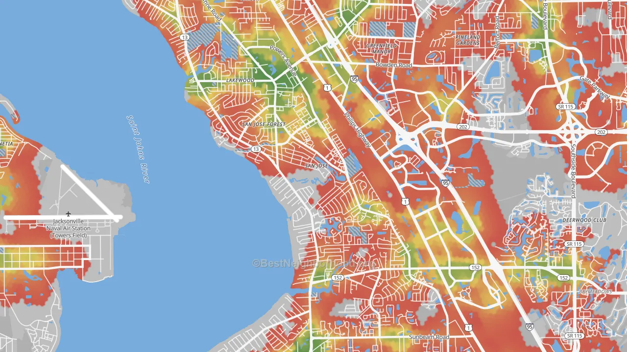Walk Grade map of 32217, FL, walkable areas in green and car-dependent areas in red