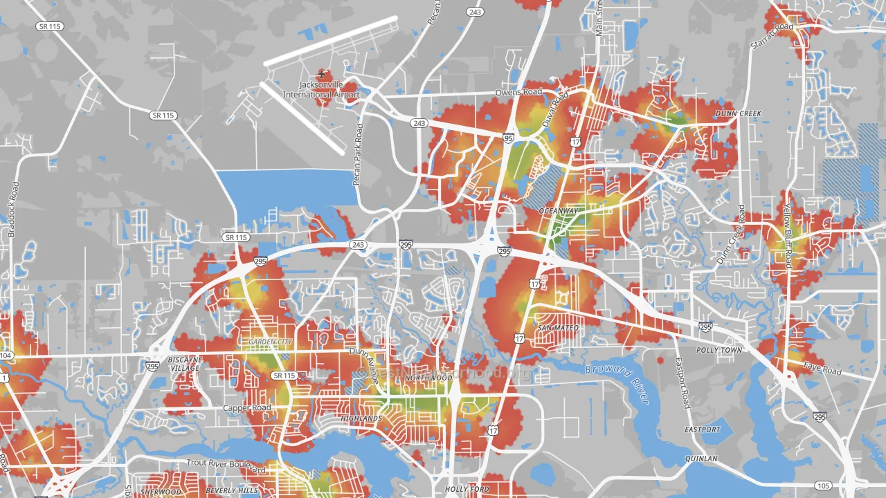 Walk Grade map of 32218, FL, walkable areas in green and car-dependent areas in red