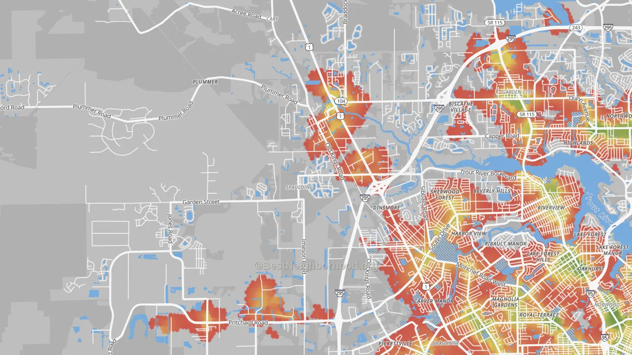 Walk Grade map of 32219, FL, walkable areas in green and car-dependent areas in red