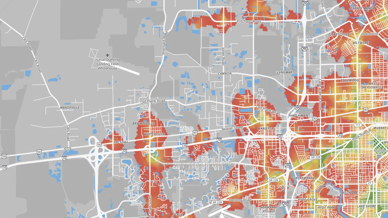Walk Grade map of 32220, FL, walkable areas in green and car-dependent areas in red