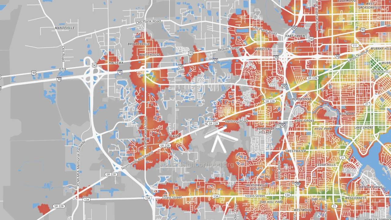 Walk Grade map of 32221, FL, walkable areas in green and car-dependent areas in red