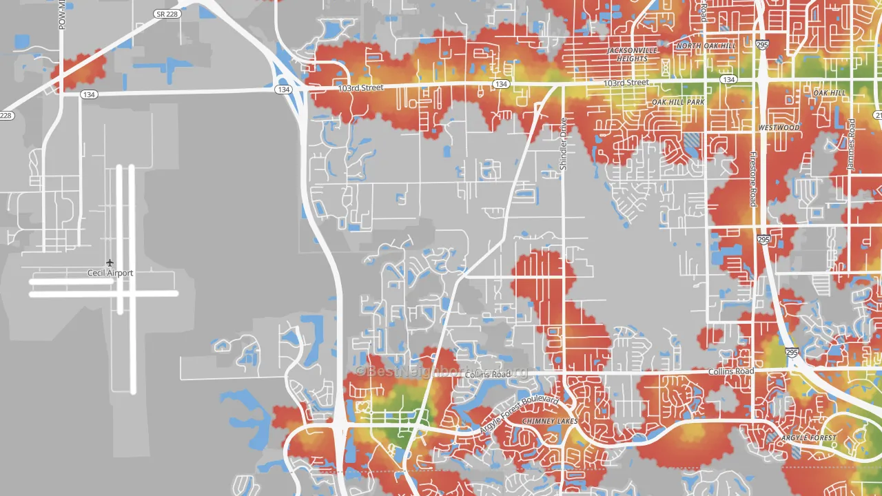 Walk Grade map of 32222, FL, walkable areas in green and car-dependent areas in red